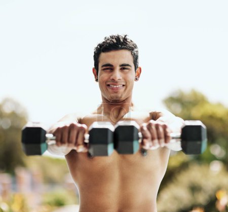 Photo for Dumbbells, portrait or happy man outside in fitness training, exercise or workout for wellness, lifting or balance. Development, challenge or topless athlete with weights for muscle, power or growth. - Royalty Free Image