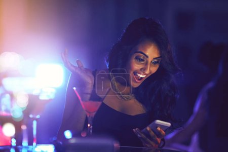 Happy, woman and smartphone with surprise from alert at cocktail party or disco concert in nightclub. Excited, female person and mobile with wow or shock from notification at birthday celebration.