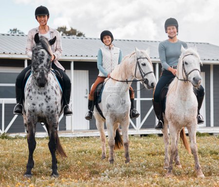 Friends, countryside and horseback riding or equestrian portrait, Appaloosa horse and woman on agriculture ranch. Argentina, outdoor sport and hobby or holiday with rider, mare and holding reins.