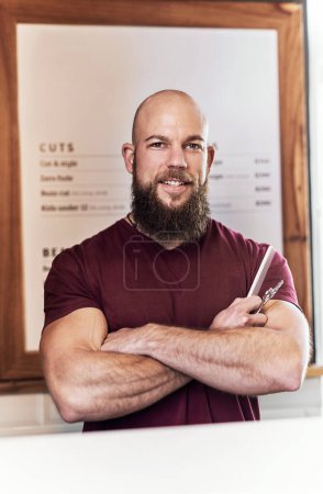 Confidence, tools and portrait of man in barbershop with scissors, comb and hair care at trendy small business. Style, face and happy barber with equipment for grooming service, haircut and skills