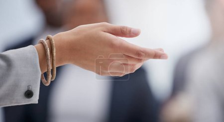 Photo for Person, hand and palm in office with gesture for explaining, question and ask for understanding of information. Female employee, zoom and body language for speaking, talking and helping for business. - Royalty Free Image