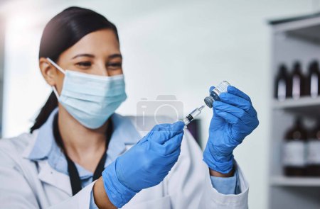 Photo for Medicine, woman and vaccine injection in lab research for health safety, drug and development of product for virus treatment goal. Scientist, medical and pharmaceutical cure solution of pandemic risk. - Royalty Free Image