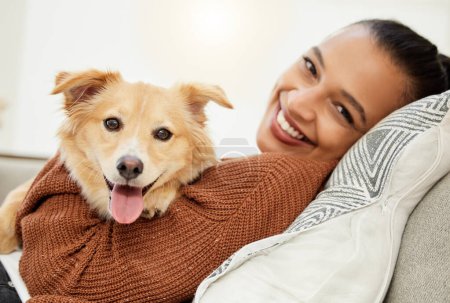 Photo for Portrait, dog and woman on sofa with love for happiness, relax and playing together for support. Best friend, pet hug and girl on couch for kindness with loyalty, animal adoption and wellness in home. - Royalty Free Image