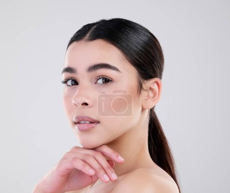 Photo for Portrait, skincare and woman with beauty, wellness and dermatology on white studio background. Face, person or model with healthy skin, grooming routine or treatment with luxury, smooth or cosmetics. - Royalty Free Image