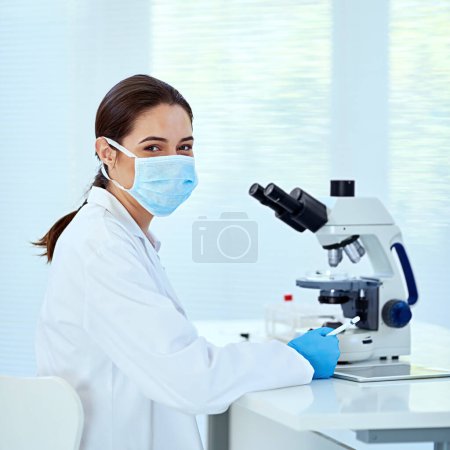 Portrait, science and woman in lab, microscope and research for breakthrough, dna and medical. Face mask, person or employee with biotech, scientist and experiment with vaccine, sample or equipment.