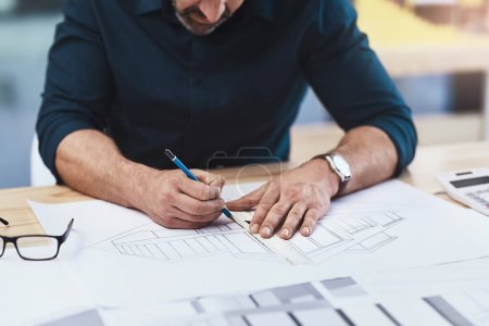 Photo for Architecture, man and blueprint on table for drawing, sketch and construction plan design. Hands of architect, creativity and ruler with pencil to measure distance, scale layout or accuracy in office. - Royalty Free Image