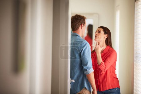 Photo for Argue, couple and upset with fighting in home with relationship, issues or conflict with crisis. Anxiety, stress and frustrated with toxic, problems and bad communication with divorce in Sweden - Royalty Free Image