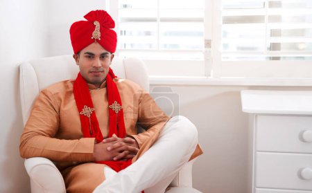 Photo for Indian, wedding and portrait of man with fashion for celebration of marriage with luxury turban style. Punjabi, groom and person with pagri, dupatta and scarf for formal event for commitment ceremony. - Royalty Free Image