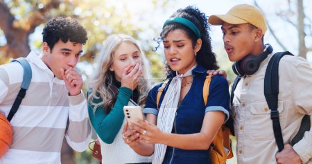 Jóvenes estudiantes, shock y malas noticias con teléfono en el parque para los resultados del campus, el fracaso o la retroalimentación. Grupo de personas en incredulidad por desaprobación de becas, alerta o notificación en smartphone móvil.