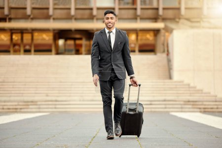Photo for City, travel and portrait of businessman with suitcase for legal career, journey and work trip. Happy, lawyer and man with luggage for company flight, business commute and opportunity at law firm. - Royalty Free Image