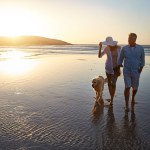 Ocean, couple and dog with walking at sunset for trust, outdoor fun and holiday together. Waves, man and woman with furry pet at beach for summer travel, weekend adventure and vacation in Cancun.
