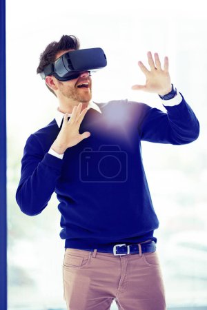 Shock, virtual reality and business man in office for metaverse, online networking and cyberworld. Digital, technology and worker with hands for user interface, vr simulation and website at workplace.