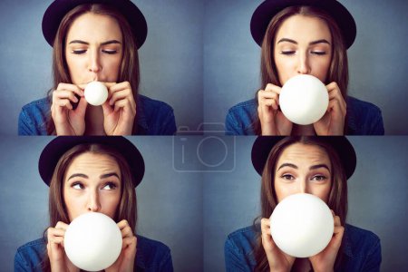 Woman, collage or studio with blowing balloon for party, decoration for fun event in New York. Female person, blue background or air for inflatable accessory, composite from start with development.