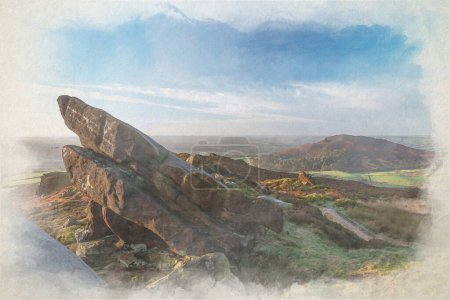 Foto de Una hermosa pintura digital en acuarela de un amanecer de Ramshaw Rocks en el Parque Nacional Peak District, Reino Unido. - Imagen libre de derechos
