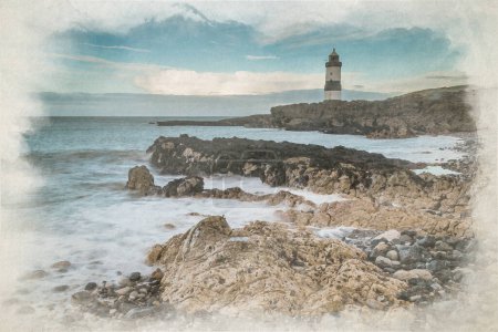 Photo for Digital watercolor painting of Trwyn Du lighhouse at low tide. Penmon Point, Anglesey, Wales, UK. - Royalty Free Image