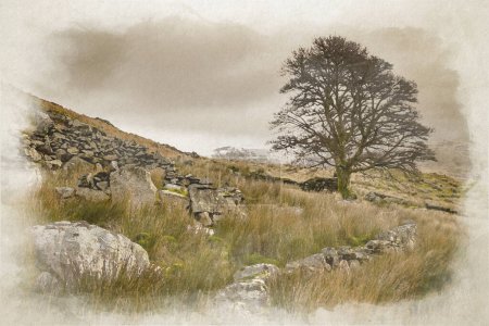 Foto de Pintura digital en acuarela de Llyn y Dywarchen, y Snowdon durante el invierno en el Parque Nacional Snowdonia, Gales, Reino Unido. - Imagen libre de derechos