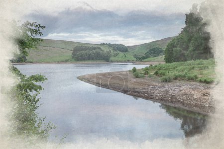 Foto de Digital watercolor painting of the reservoir at Upper Goyt Valley, Derbyshire within the Peak District National Park, UK. - Imagen libre de derechos
