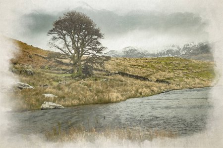 Téléchargez les photos : Aquarelle numérique de Llyn y Dywarchen et Snowdon en hiver dans le parc national de Snowdonia, Pays de Galles, Royaume-Uni. - en image libre de droit
