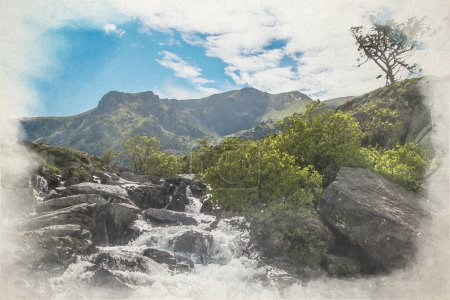 Photo for Llyn idwal digital watercolor painting of a waterfall running down the mountainside at Cwm Idwal, Nant Ffrancon valley, Wales, UK. - Royalty Free Image