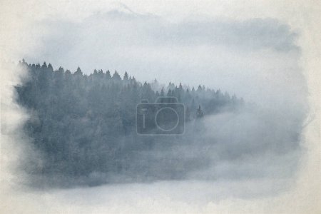 Foto de Árboles y niebla pintura digital en acuarela de una viñeta de paisaje de Bamford Edge durante una inversión invernal de la temperatura del amanecer en el Parque Nacional Peak District, Inglaterra, Reino Unido. - Imagen libre de derechos