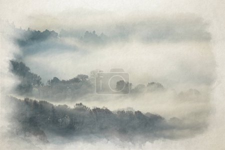 Photo for Trees, and fog digital watercolour painting of a Bamford Edge landscape vignette during a winter sunrise temperature inversion in the Peak District National Park, England, UK. - Royalty Free Image