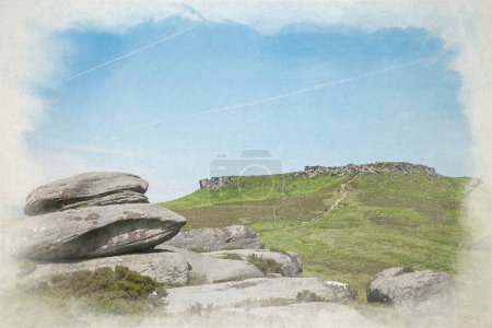 Photo for A digital watercolour painting of Higger Tor from Carl Wark, in the Dark Peak, Peak District National Park, Derbyshire, UK. - Royalty Free Image