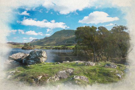Foto de Pintura digital en acuarela de los lagos Penygader, Cadair Idris y Cregennan durante el otoño en el Parque Nacional Snowdonia, Dolgellau, Meirionnydd, Gales, Reino Unido. - Imagen libre de derechos