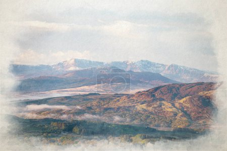 Foto de Una pintura digital en acuarela de Cadair Idris al amanecer en el Parque Nacional Eryri, Gales, Reino Unido. - Imagen libre de derechos