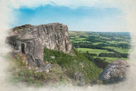 Foto de Una pintura digital en acuarela de brezo púrpura en The Roaches, Staffordshire de Hen Cloud en el Peak District National Park, Staffordshire, Reino Unido. - Imagen libre de derechos