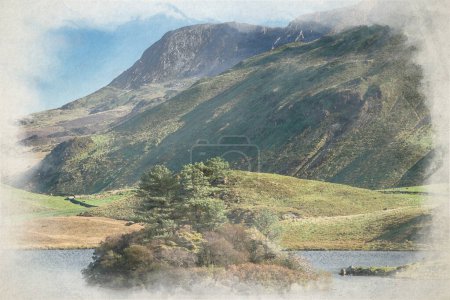 Foto de Pintura digital en acuarela de los lagos Penygader, Cadair Idris y Cregennan durante el otoño en el Parque Nacional Snowdonia, Dolgellau, Meirionnydd, Gales, Reino Unido. - Imagen libre de derechos