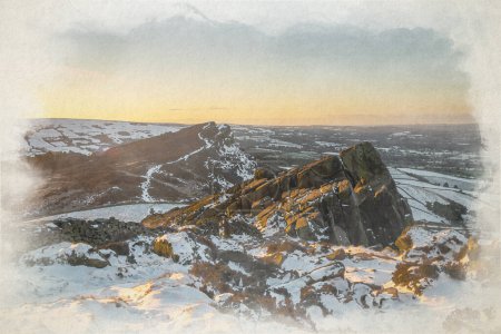 Foto de Una pintura digital en acuarela de Hen Cloud y The Roaches al amanecer durante el invierno en el Parque Nacional Peak District, Inglaterra, Reino Unido. - Imagen libre de derechos