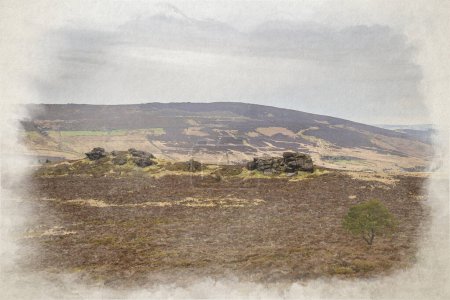 Foto de Baldstone, y Gib Torr. Una pintura digital en acuarela que mira hacia las cucarachas, las rocas Ramshaw y la nube de gallinas durante el invierno en el Parque Nacional Peak District, Reino Unido. - Imagen libre de derechos