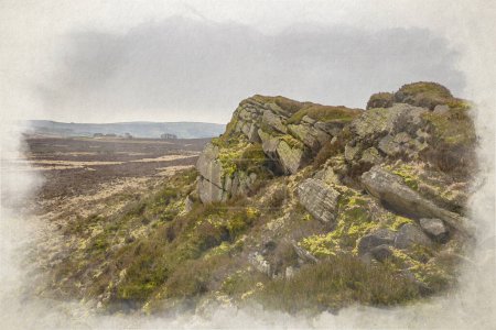 Foto de Baldstone, y Gib Torr. Una pintura digital en acuarela que mira hacia las cucarachas, las rocas Ramshaw y la nube de gallinas durante el invierno en el Parque Nacional Peak District, Reino Unido. - Imagen libre de derechos