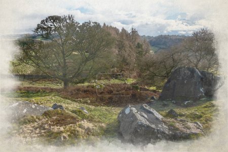 Foto de Pintura digital en acuarela de la forma de roca caliza Stride de Robin Hood en Derbyshire Dales, Peak District National Park, Reino Unido. - Imagen libre de derechos