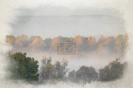 A digital watercolour painting of sunrise, and golden autumnal fall tree and leaf colours at the Downs Banks, Barlaston, Staffordshire, UK.
