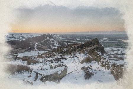 Foto de Una pintura digital en acuarela de Hen Cloud y The Roaches al amanecer durante el invierno en el Parque Nacional Peak District, Inglaterra, Reino Unido. - Imagen libre de derechos
