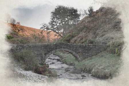 Foto de Una pintura digital en acuarela de un puente de caballos montados en el valle de Goyt en Derbyshire, Peak District National Park, Reino Unido. - Imagen libre de derechos