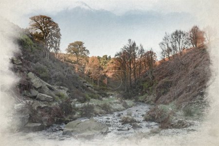 Foto de Una pintura digital en acuarela de un puente de caballos montados en el valle de Goyt en Derbyshire, Peak District National Park, Reino Unido. - Imagen libre de derechos