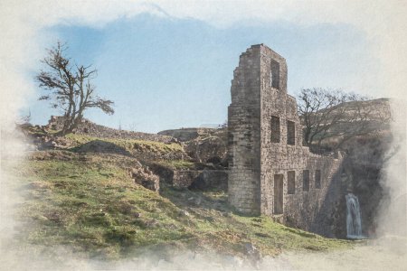 Téléchargez les photos : Une aquarelle numérique des ruines de Cheesden Lum Mill et cascade près de Haywood, Grand Manchester, Royaume-Uni. - en image libre de droit