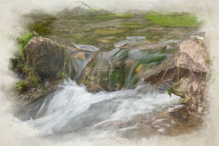 Téléchargez les photos : Aquarelle numérique de l'eau courante, et cascades cascades sur la rivière Lathkill, Lathkill Dale, Peak District National Park, Derbyshire, Royaume-Uni. - en image libre de droit