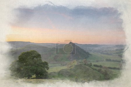 Téléchargez les photos : Aquarelle numérique du lever du soleil sur Parkhouse Hill de Chrome Hill dans le Derbyshire, Peak District National Park, Royaume-Uni. - en image libre de droit