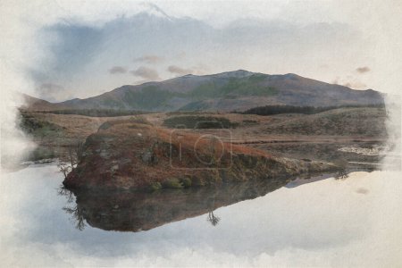 Téléchargez les photos : Aquarelle numérique de Llyn y Dywarchen et Yr Wyddfa dans le parc national d'Eryri, Pays de Galles, Royaume-Uni. - en image libre de droit