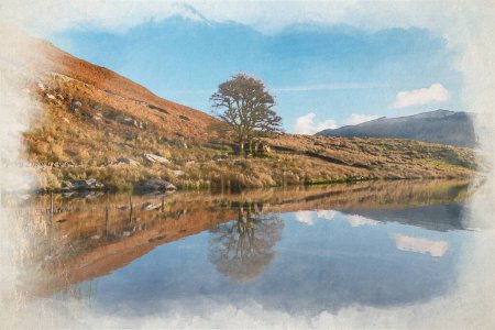 Foto de Pintura digital en acuarela de Llyn y Dywarchen, y Yr Wyddfa en el Parque Nacional Eryri, Gales, Reino Unido. - Imagen libre de derechos