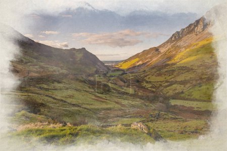 Téléchargez les photos : Aquarelle numérique de la vue panoramique sur la vallée de la Nantlle dans le parc national d'Eryri, Pays de Galles, Royaume-Uni. - en image libre de droit