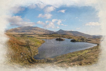 Téléchargez les photos : Aquarelle numérique de Llyn y Dywarchen et Yr Wyddfa dans le parc national d'Eryri, Pays de Galles, Royaume-Uni. - en image libre de droit