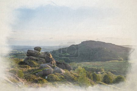 Foto de Una pintura digital en acuarela de The Roaches, y Hen Cloud de Ramshaw Rocks, Peak District National Park. Staffordshire, Reino Unido. - Imagen libre de derechos