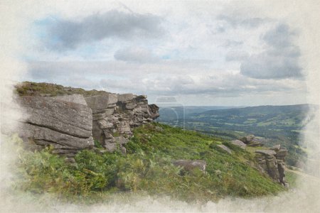 Foto de Pintura digital en acuarela de la vista desde Bamford Edge mirando a lo largo de Hope Valley en el Parque Nacional Peak District, Derbyshire, Reino Unido. - Imagen libre de derechos