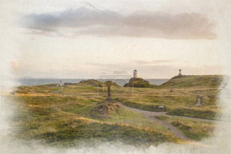 The Llanddwyn island lighthouse. Twr Mawr digital watercolor painting at Ynys Llanddwyn, Ynys Mon, Wales, UK.