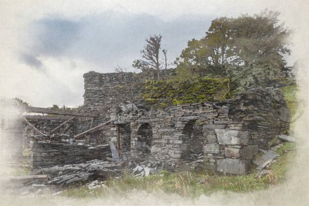 Téléchargez les photos : Une aquarelle numérique de la carrière abandonnée de Rhos Slate à Capel Curig, sous Moel Siabod, parc national d'Eryri, Pays de Galles, Royaume-Uni. - en image libre de droit