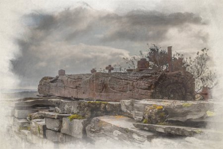 Foto de Una pintura digital en acuarela de la cantera abandonada Rhos Slate Quarry en Capel Curig, debajo de Moel Siabod, Parque Nacional Eryri, Gales, Reino Unido. - Imagen libre de derechos
